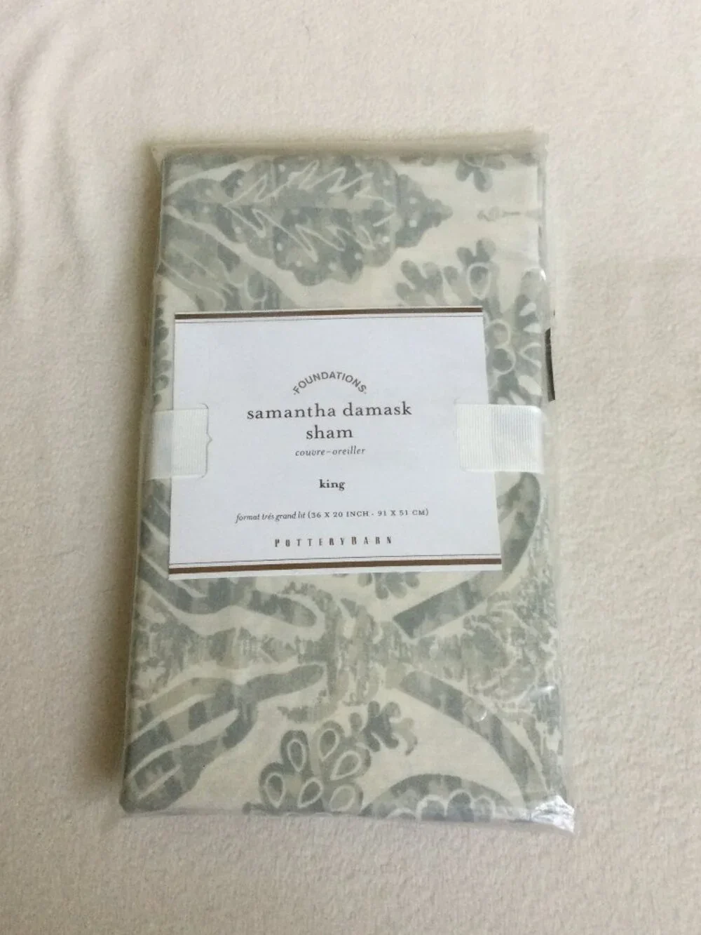 NEW Pottery Barn Foundations Samantha Damask King sham Set 2 Grey Ivory Cotton